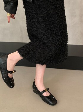 山茶花一字带复古方头玛丽珍鞋女2026春夏季平底内增高小个子单鞋
