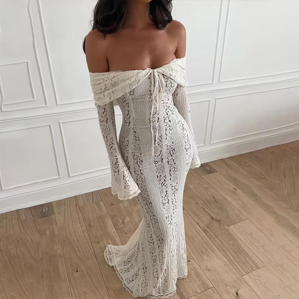 欧美风时尚性感蕾丝包臀长裙抹胸花边高腰拖尾连衣裙喇叭袖