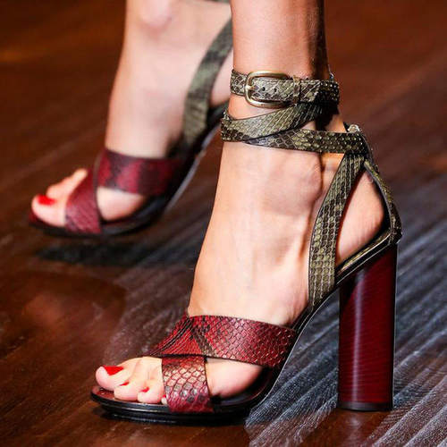 新款跨境欧美绑带蛇纹凉鞋外贸sandals时装鞋粗跟女鞋block heels