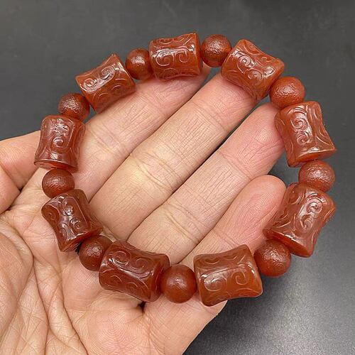 天然红玛瑙竹节回纹文玩手串