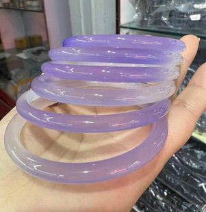 天然冰种紫玉髓半壁江山手镯显肤色白皙小圆条6mm玛瑙圆形女手环