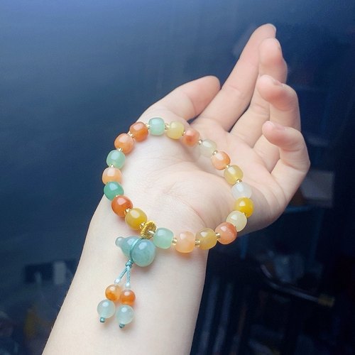 天然金丝玉七彩老型珠单圈手链