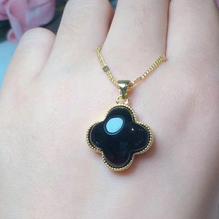 银镶玉四叶草玛瑙彩银吊坠黑玉髓挂坠锁骨项链女3d银饰品包邮