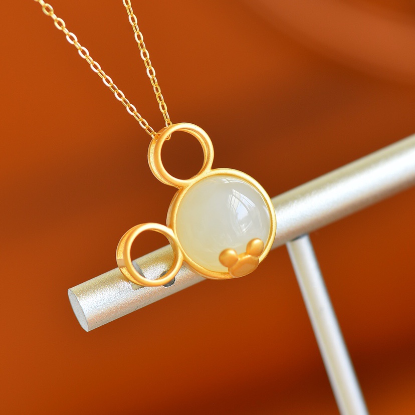 和田玉白玉925银镶嵌设计感米奇玉石吊坠项链女气质素银锁骨链