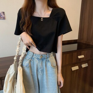 配牛仔阔腿裤工装裤高腰裤搭配的上衣女帅气女生露脐运动短袖t恤