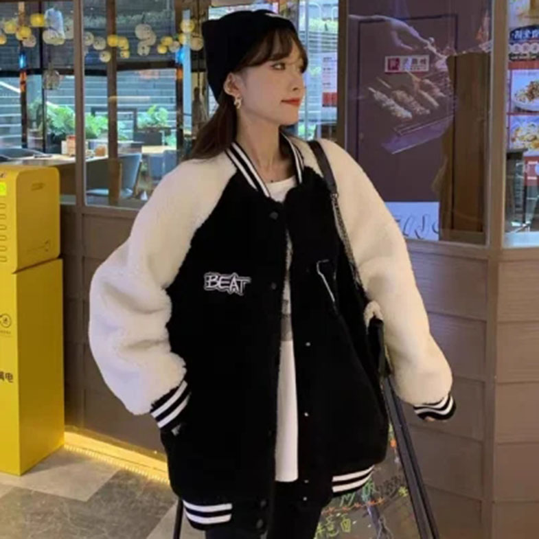 加绒加厚羊羔毛卫衣棒球服女2024新款宽松韩版学生少女棉衣服外套
