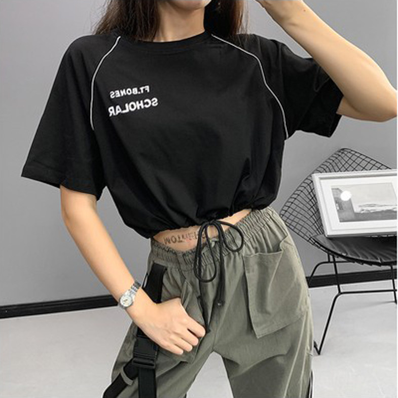 超短t恤女街舞爵士露脐上衣女半袖t恤洋气宽松超火cec短袖女短款