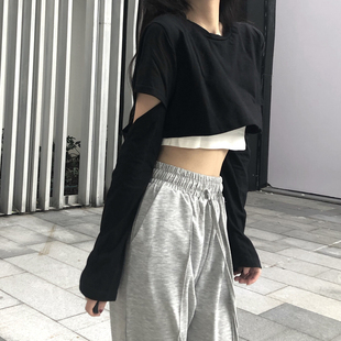 爵士风格女装街舞泫雅辣妹风个性酷帅气嘻哈假两件长袖短款上衣服