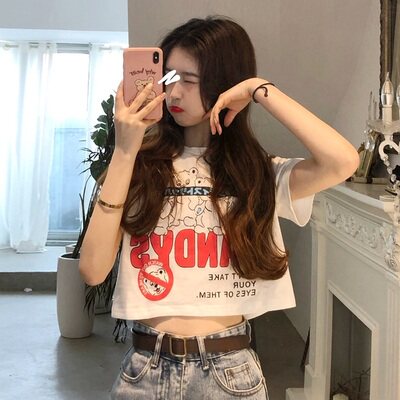 短袖搭配牛仔阔腿裤工装裤的上衣服女卡腰小衫短款露脐t恤洋气潮