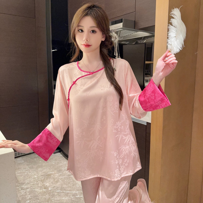 复古中国风冰丝睡衣女春夏季提花圆领七分袖新中式丝绸家居服套装