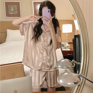 女士薄款 2025年新款 短袖 短裤 丝绸家居服 冰丝睡衣夏季 两件套装 女款