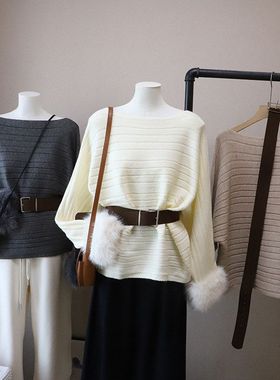 2025秋冬新款韩系时尚气质斜领露肩收腰显瘦百搭毛衣5666强明女装
