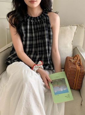 博主私藏版 小众设计感挂脖格纹无袖背心ZY2992 强明女装