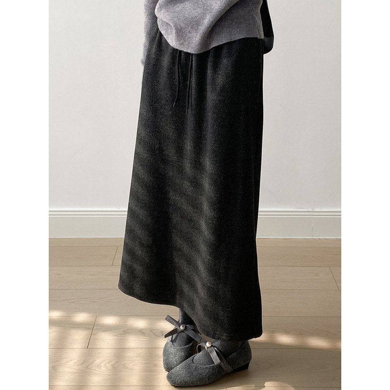 松紧高腰加绒半身裙冬季直筒休闲a字后开叉针织长裙G8610强明女装