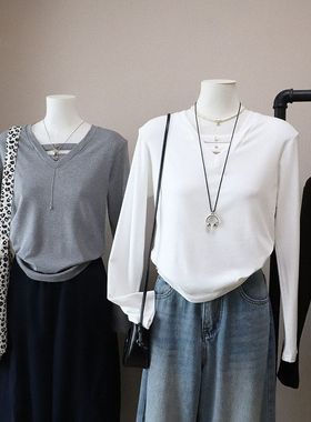 2026早春新款韩版时尚V领显瘦休闲百搭长袖打底衫T恤5884强明女装