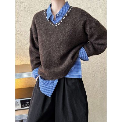 韩版V领宽松慵懒风毛衣2025秋季新款明线针织衫上衣ss616强明女装