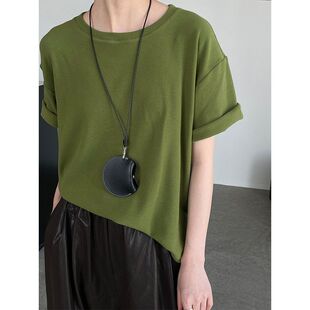 正肩磨毛纯色短袖T恤女25秋韩休闲宽松圆领百搭上衣2803强明女装