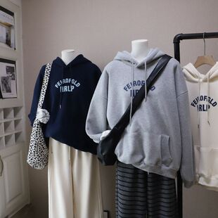 字母印花加绒加厚休闲百搭连帽卫衣5501强明女装 2025秋冬新款 韩版