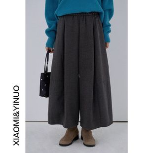 3284强明女装 松紧腰宽松慵懒八分气球裤 女冬款 深灰色毛呢休闲裙裤