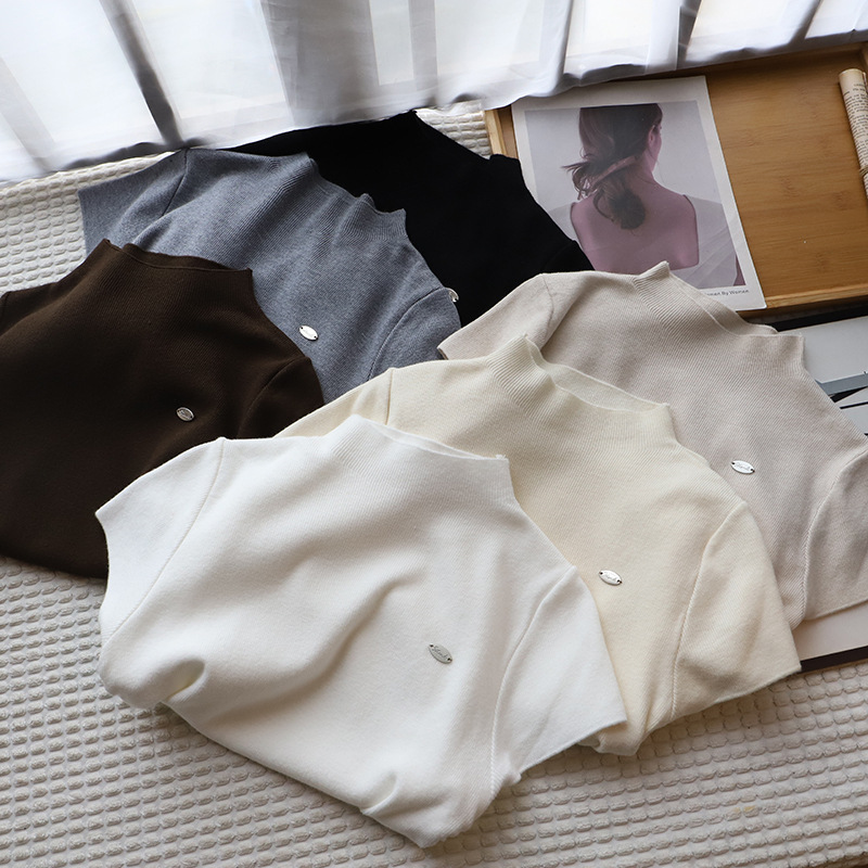 2025夏季新款半高领修身显瘦短款针织衫时尚抽褶上衣9963强明女装