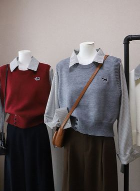 2025秋冬新韩版时尚假两件减龄针织马甲拼接条纹衬衫5694强明女装
