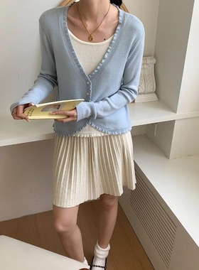 时髦假两件 撞色木耳花边针织衫早秋新款ZY2049 强明女装