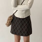 韩系百搭高腰格子毛呢半身裙女秋冬新款 显瘦A字短裙11054强明女装