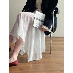 韩系氛围感白色波点纱裙2025春不规则下摆气质半身裙2673强明女装