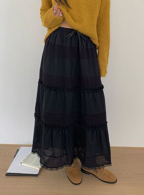 松紧腰多层拼接蕾丝花边半身裙秋A字蛋糕中长裙子530958强明女装