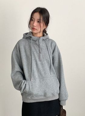 韩系慵懒风灰色加绒加厚连帽宽松卫衣冬季新款上衣11064强明女装