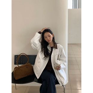 秋冬复古拼色外套街头翻领工装休闲夹克上衣女530722强明女装