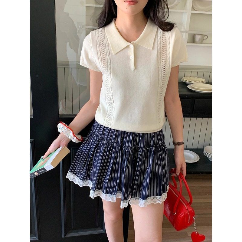 半糖盐系 韩版polo领麻花纹理针织衫短袖ZY3035 强明女装