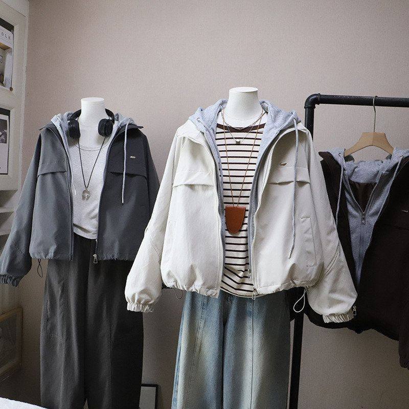 2026早春新韩版时尚休闲假两件宽松显瘦连帽夹克外套5799强明女装