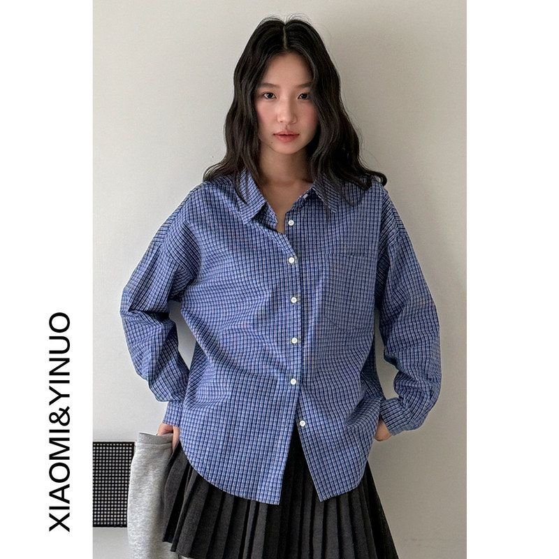 【欧凡】miu系时尚蓝色格子衬衫