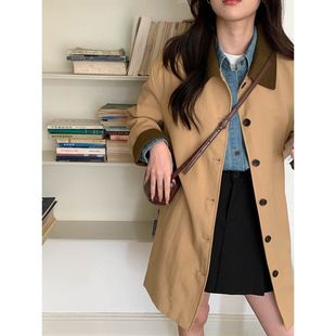 强明女装 早秋新款 复古撞色拼接翻领宽松风衣外套ZY3215