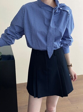 100%棉蓝色格子系带长袖衬衫2025秋设计感宽松上衣2623 强明女装