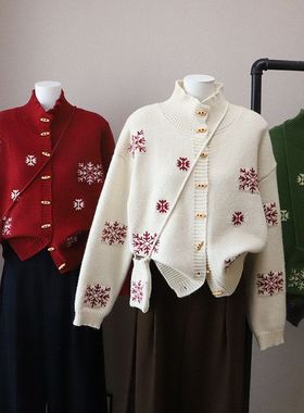 2025秋冬新款韩版高质感雪花提花显瘦开衫毛衣外套5729强明女装