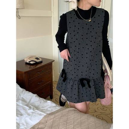 早秋新款 植绒印花蝴蝶结背心连衣裙叠穿ZY3143 强明女装