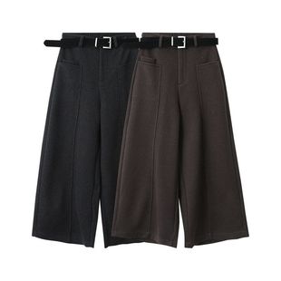 洋气冬加绒毛呢裤九分阔腿裤宽松显瘦直筒休闲裤子11093强明女装