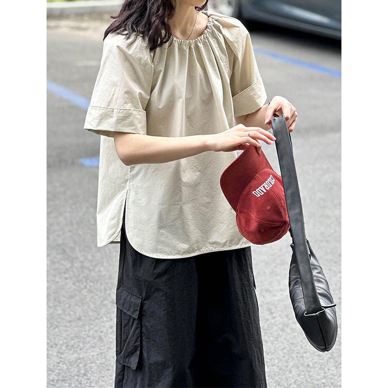 2025春夏新款短袖上衣女韩系纯色宽松小众设计感衬衫2073强明女装