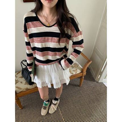 早秋新款 慵懒风休闲撞色条纹T恤打底衫ZY3226 强明女装