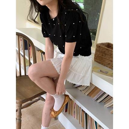 小香风设计感 温柔风钉珠圆领针织衫短袖ZY3033 强明女装