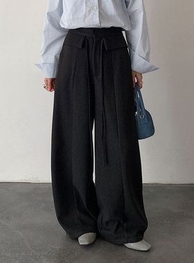 腰头设计加绒加厚弯刀休闲裤女冬季保暖高腰长裤子11057强明女装