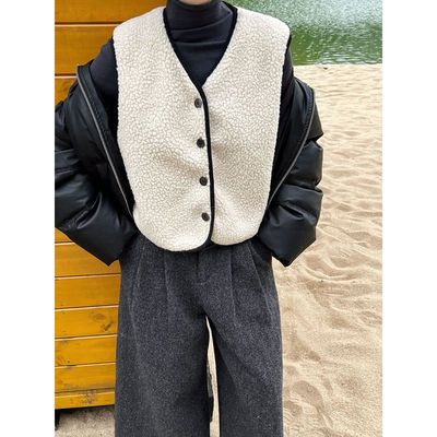韩系撞色包边羊羔毛马甲2025秋冬新款叠穿背心外套9712 强明女装