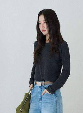 高级灰抓绒圆领长袖厚打底衫修身内搭正肩显瘦t恤11096强明女装