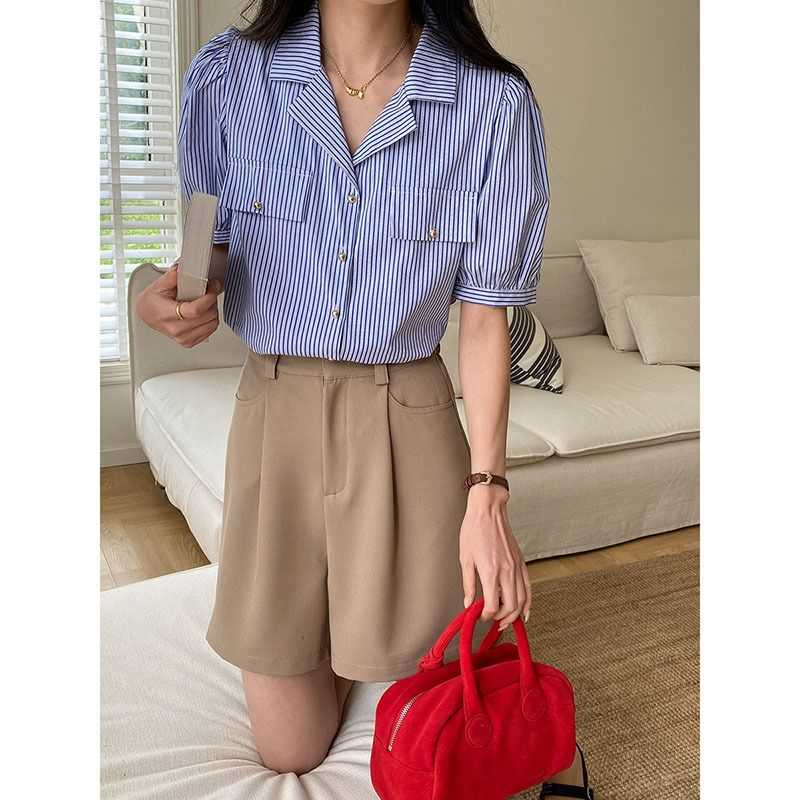 时髦小金扣 法式气质感条纹显瘦宽松衬衫ZY1762 强明女装