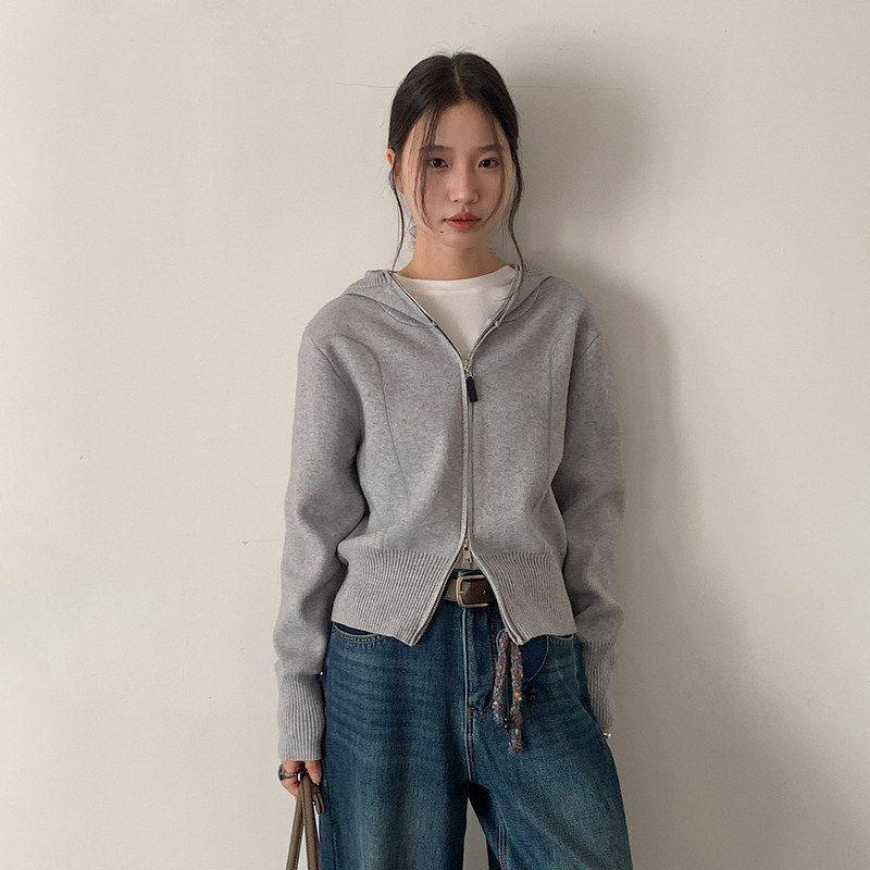 灰色连帽双拉链毛衣女外套慵懒风针织开衫卫衣上衣11039强明女装