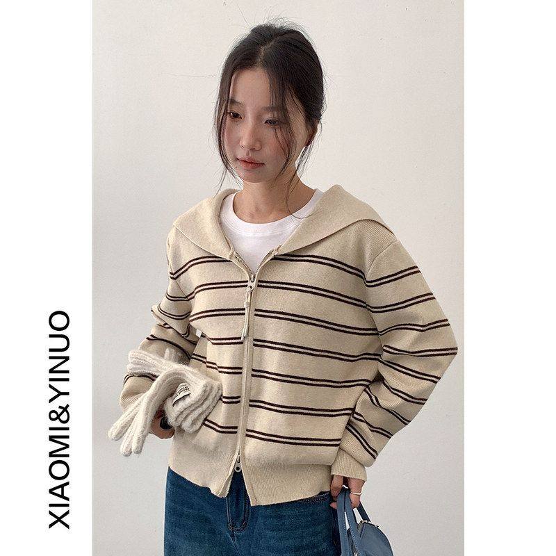 韩系条纹翻领拉链针织开衫女高级感宽松海军领毛衣11036强明女装,女装/女士精品,毛衣,淘宝优惠券,粉丝福利购,淘宝优惠卷