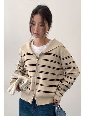 韩系条纹翻领拉链针织开衫女高级感宽松海军领毛衣11036强明女装