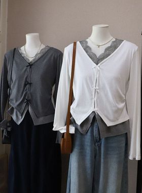 2026早春新款韩版假两件蕾丝拼接收腰显瘦打底衫T恤5887强明女装